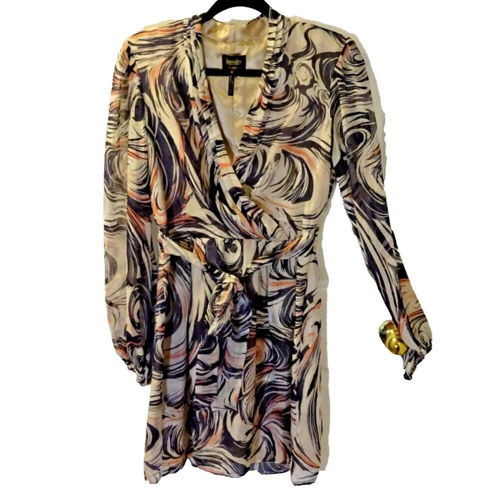 Laundry by Shelli Segal Size 8 Silk Belted Faux Wrap Dress | Long Sleeve Excelle